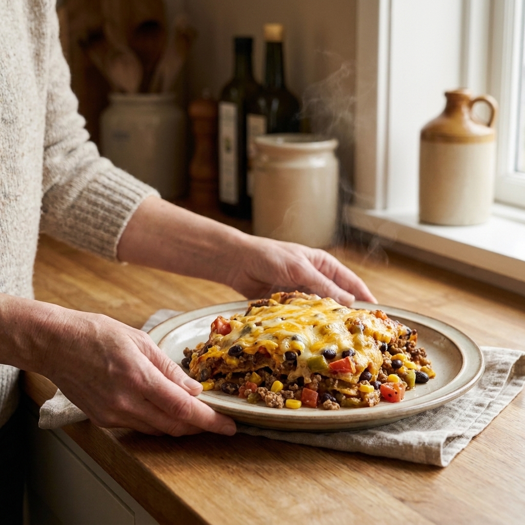 A scoop of taco casserole on a plate with melted cheese and visible black beans and corn