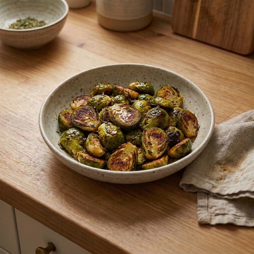 A serving bowl of roasted brussels sprouts with caramelized edges glistening with a light maple glaze