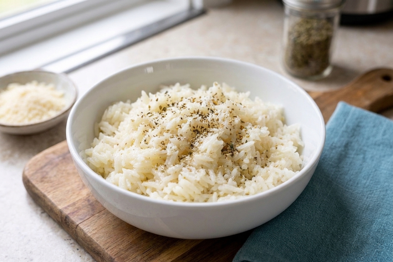 A serving bowl of white rice topped with grated parmesan and dried Italian herbs on a kitchen counter