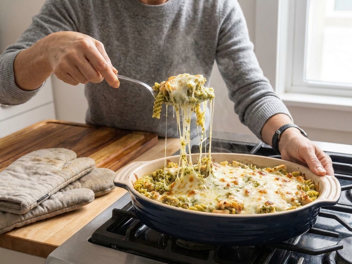 A serving spoon lifting a portion of cheesy chicken pesto pasta bake from a casserole dish with stretchy melted cheese
