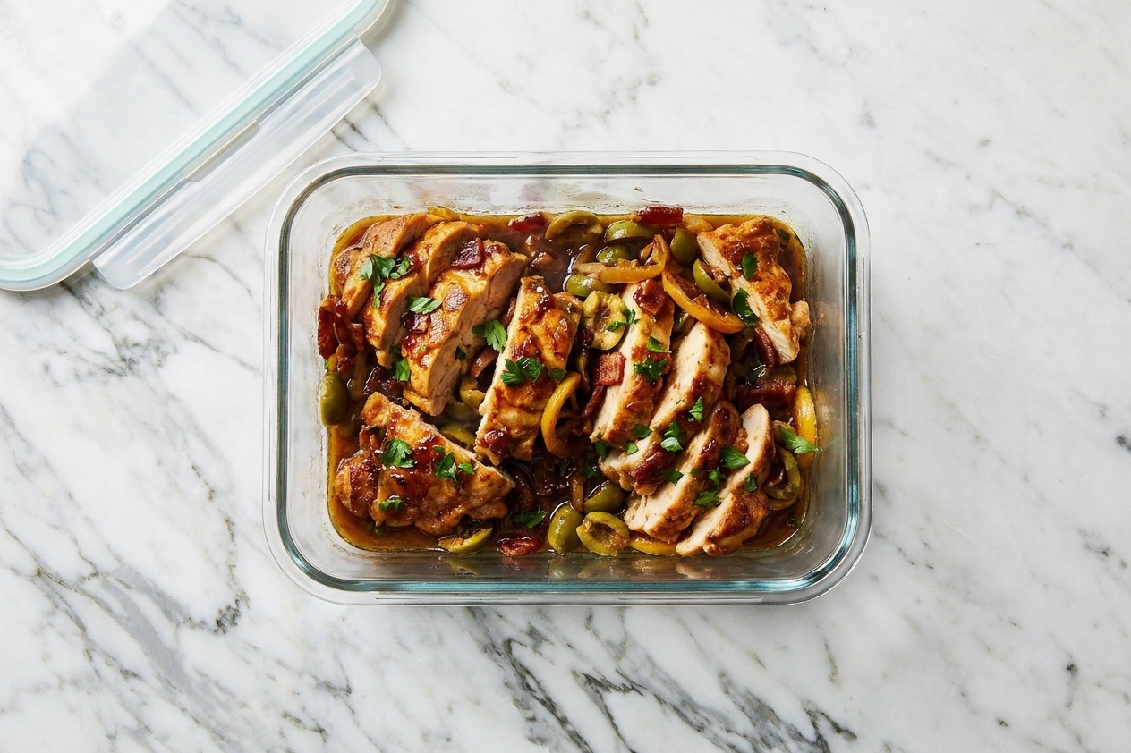A shallow glass food storage container holding sliced chicken with a little sauce, ready to cool before refrigerating