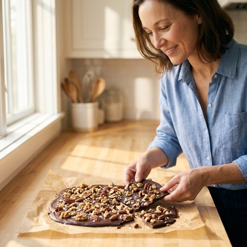 A sheet of chocolate bark setting on parchment paper with chopped nuts scattered on top
