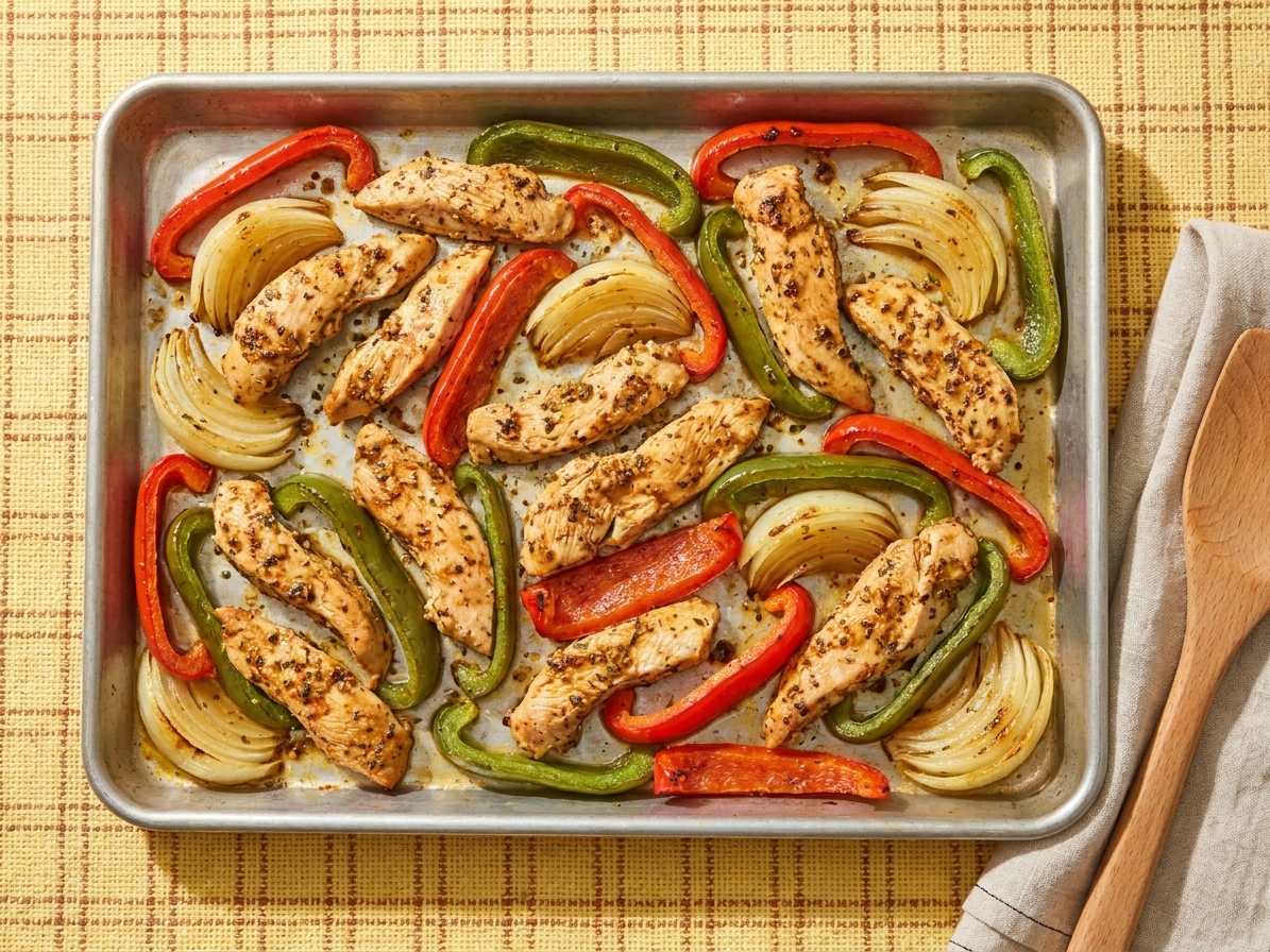 A sheet pan filled with sliced chicken, bell peppers, and onions roasted until lightly charred