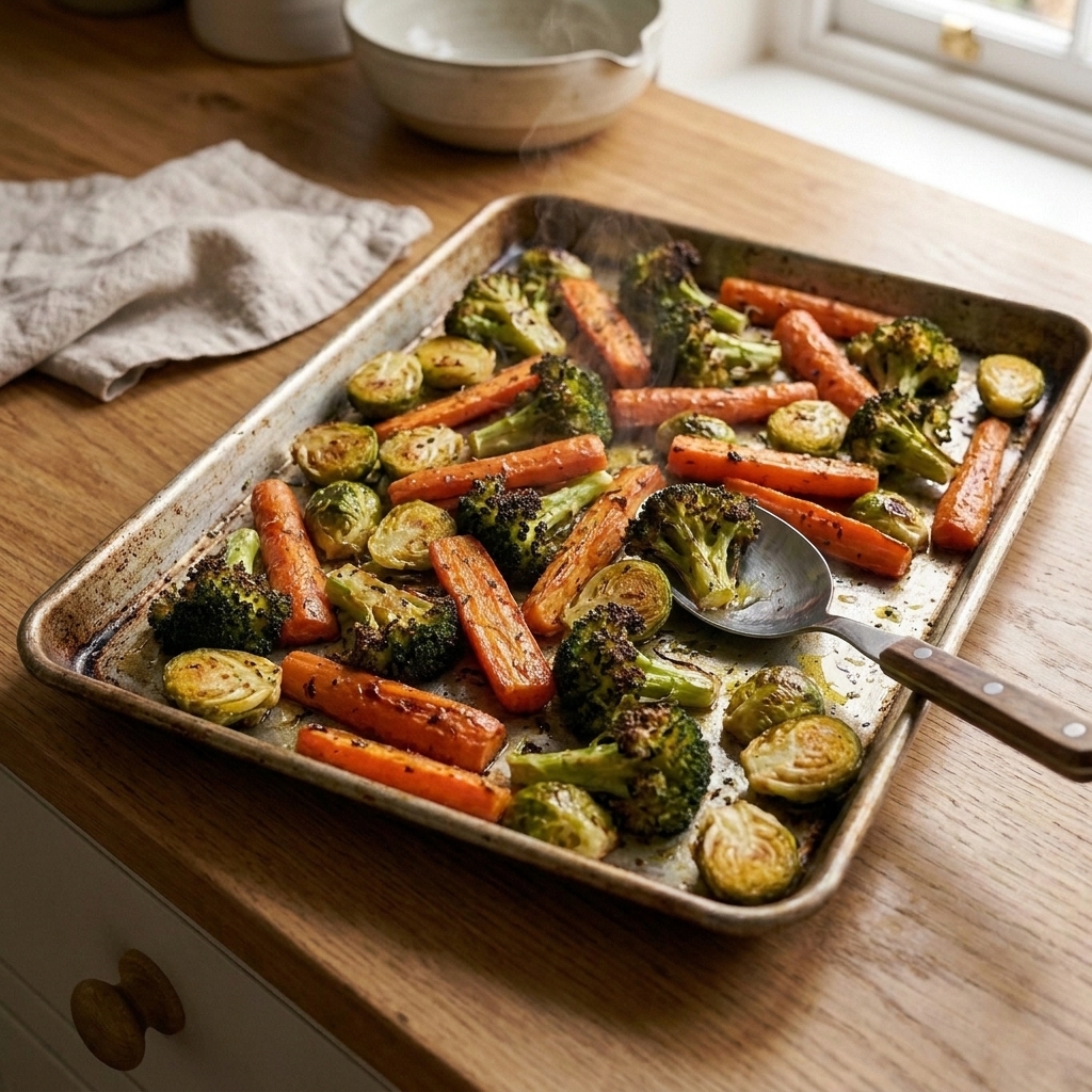 A sheet pan of roasted carrots, broccoli, and Brussels sprouts on a kitchen counter with a serving spoon