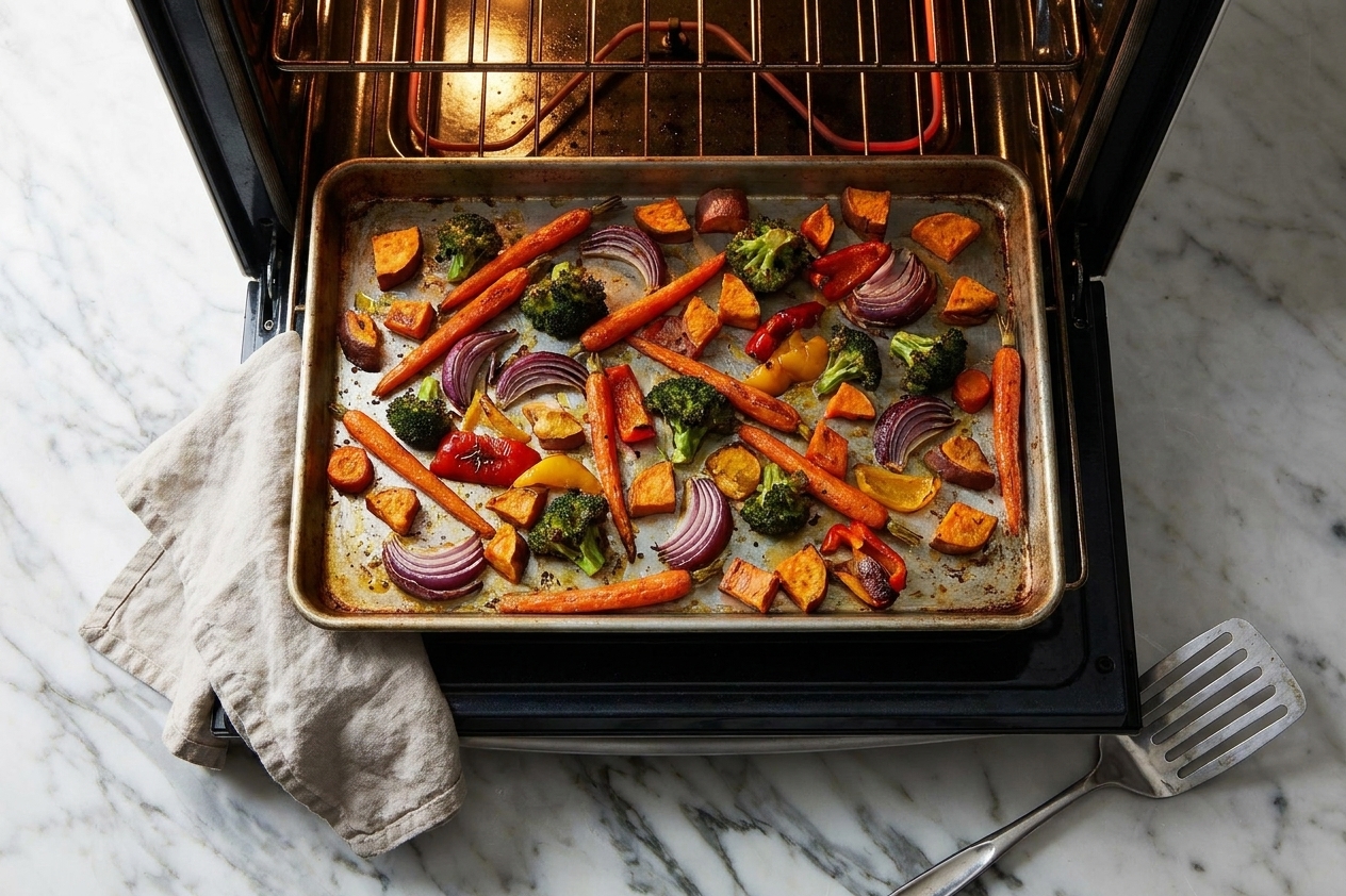 A sheet pan of roasted vegetables being reheated in a hot oven, vegetables spread in a single layer for crisp edges