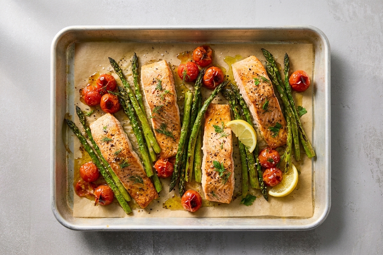 A sheet pan with roasted salmon fillets, asparagus spears, and blistered cherry tomatoes fresh from the oven