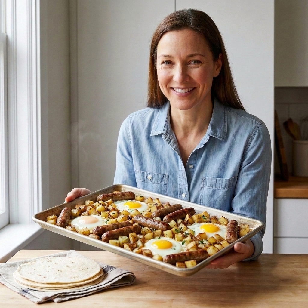 A sheet pan with roasted sausage links, crispy potatoes, and baked eggs with set whites and soft yolks