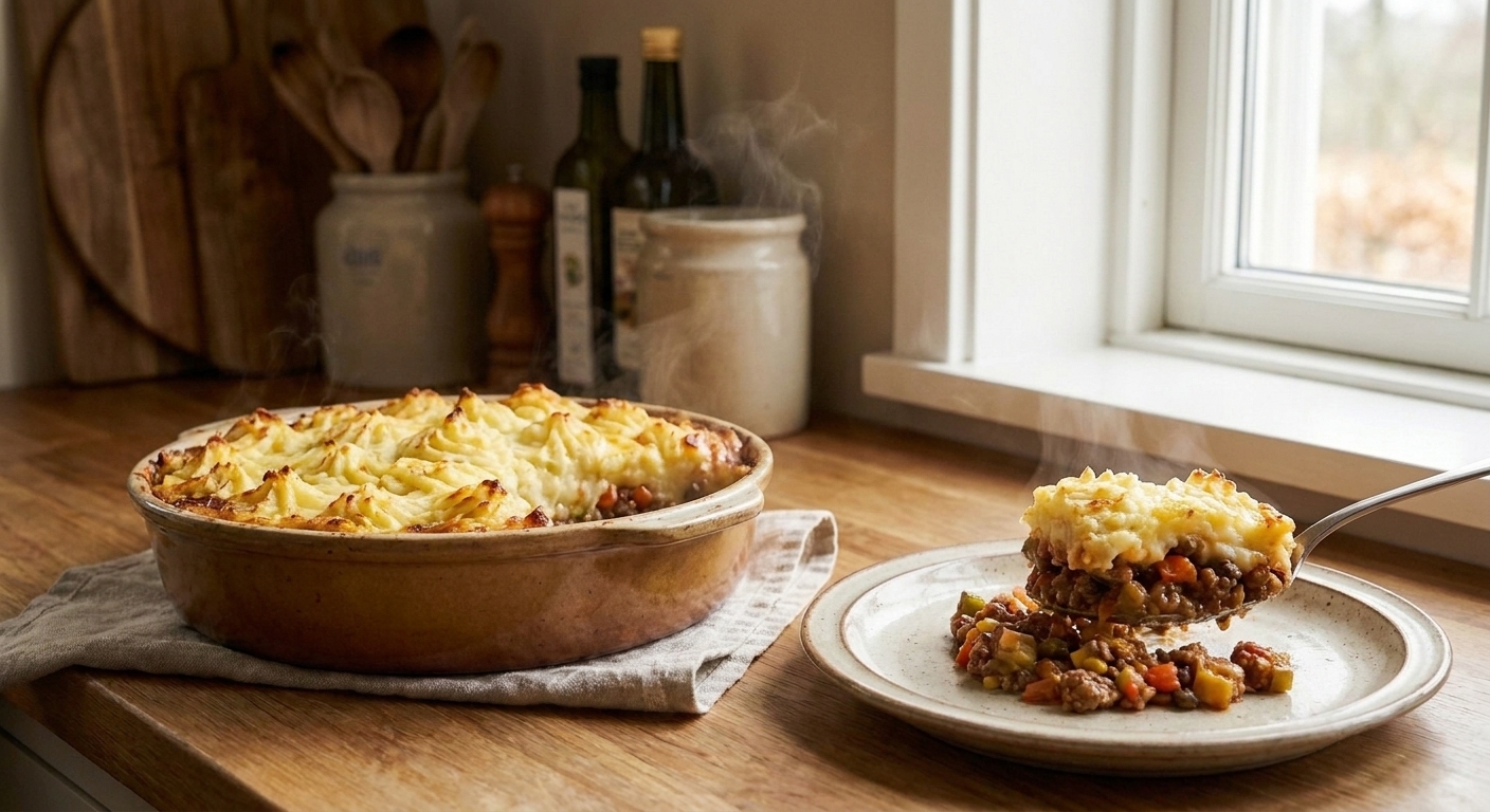A shepherd’s pie in a casserole dish with browned mashed potato peaks and a spoonful served onto a plate