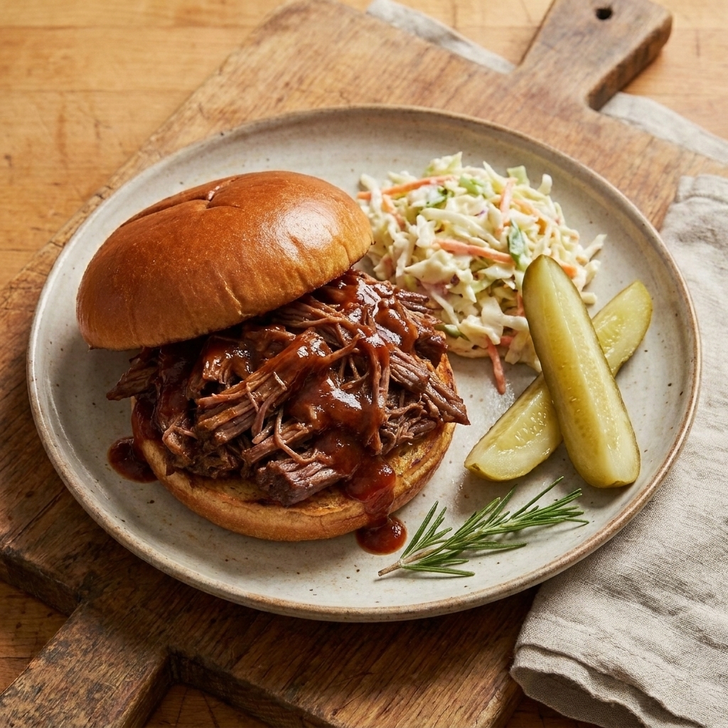 A shredded BBQ pot roast sandwich on a plate with coleslaw and pickles