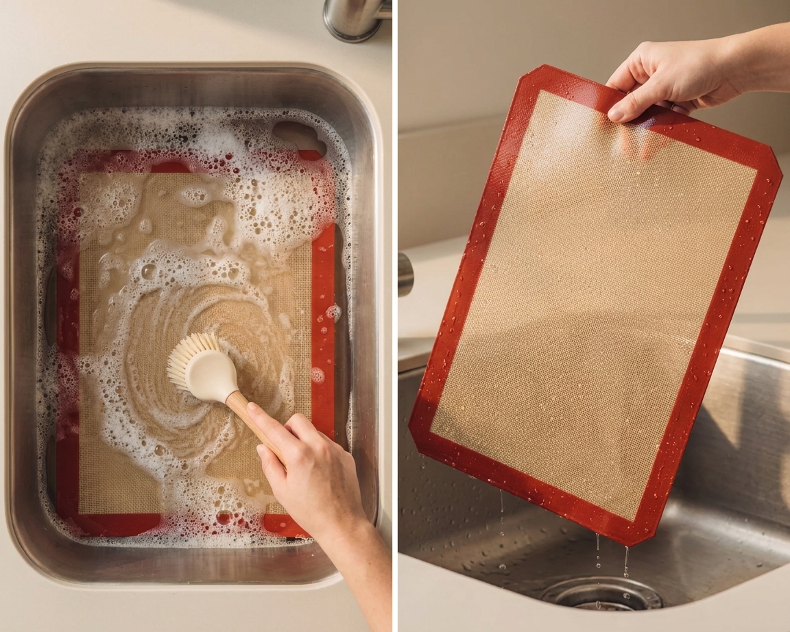 A silicone baking mat being washed in a kitchen sink with warm soapy water, then held up to drip dry