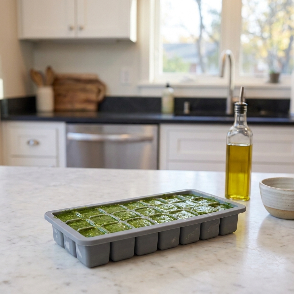 A silicone ice cube tray holding frozen green pesto cubes on a kitchen counter