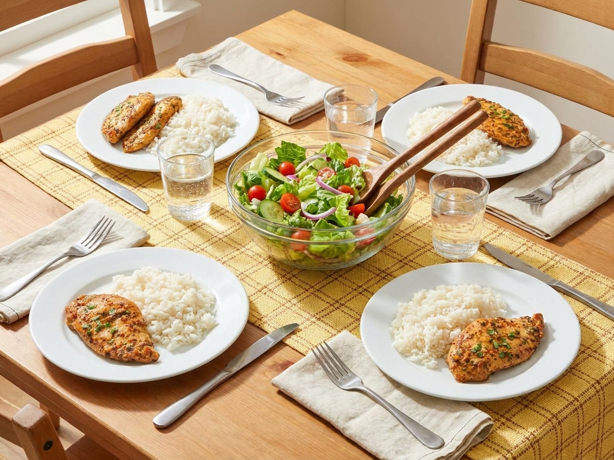 A simple family dinner table set with plates of chicken and rice, a bowl of salad, and glasses of water