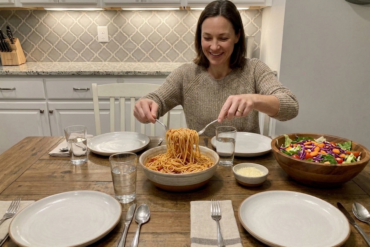 A simple family dinner table with a serving bowl of pasta, a side salad, and plates set for four