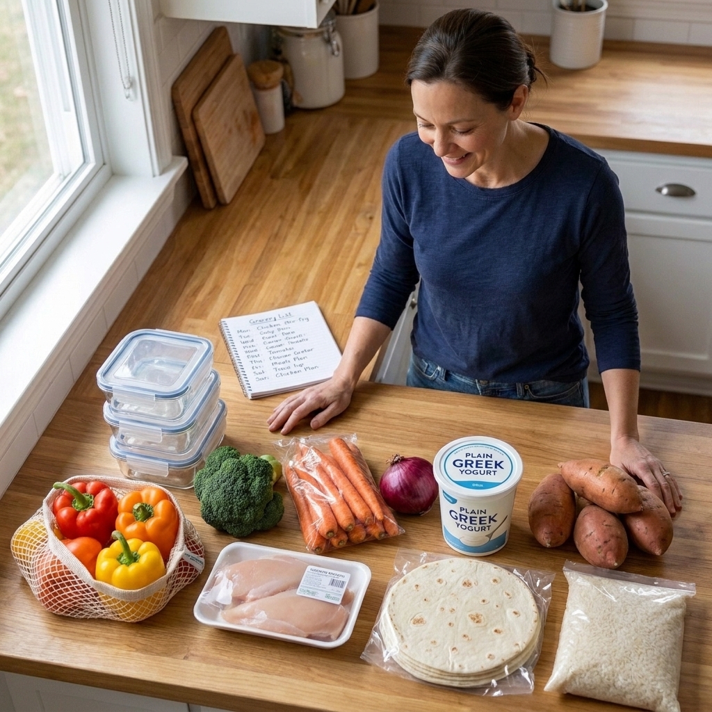 A simple meal prep grocery haul with vegetables, protein, yogurt, tortillas, and rice laid out before cooking