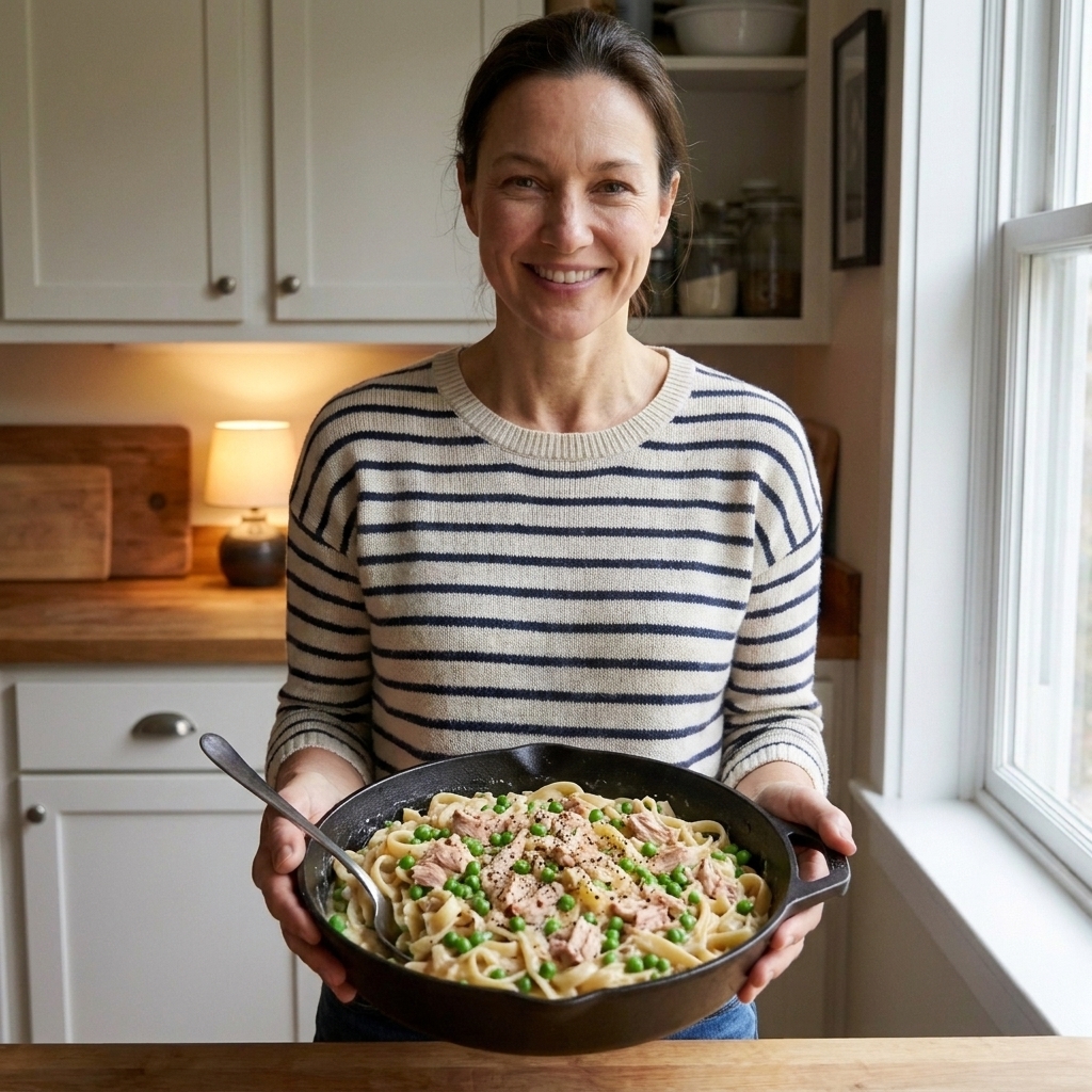 A skillet filled with creamy tuna noodle pasta with green peas, ready to serve on a weeknight