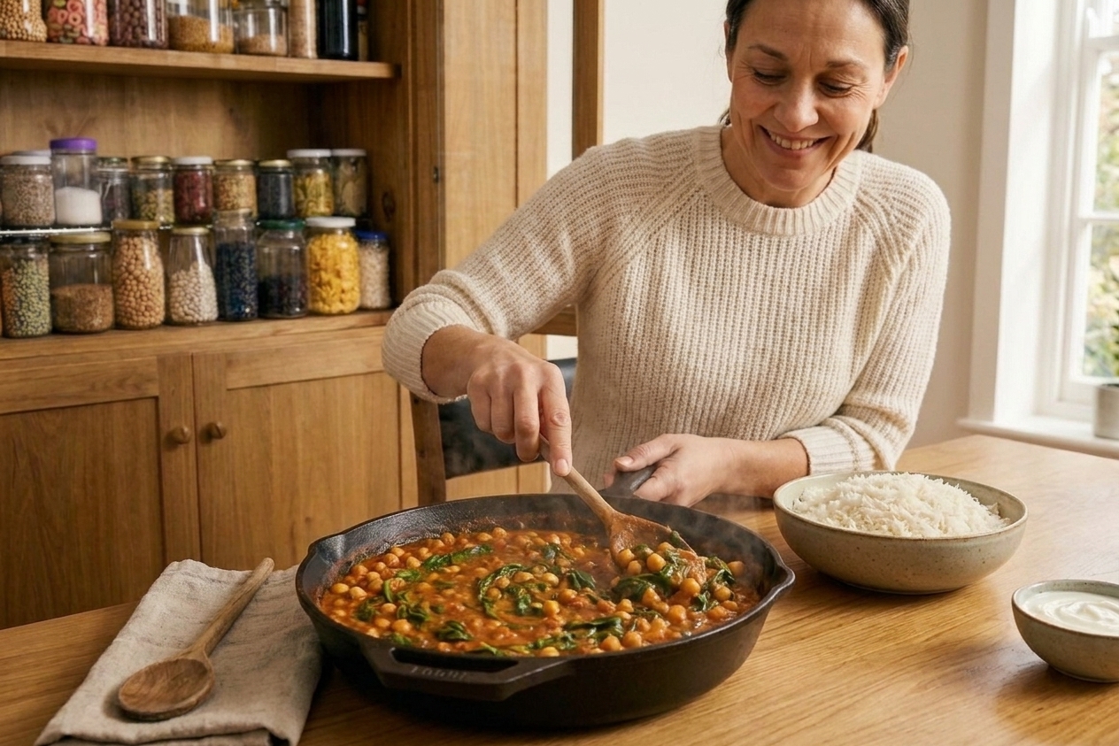 A skillet of chickpea curry simmering with spinach, with rice nearby