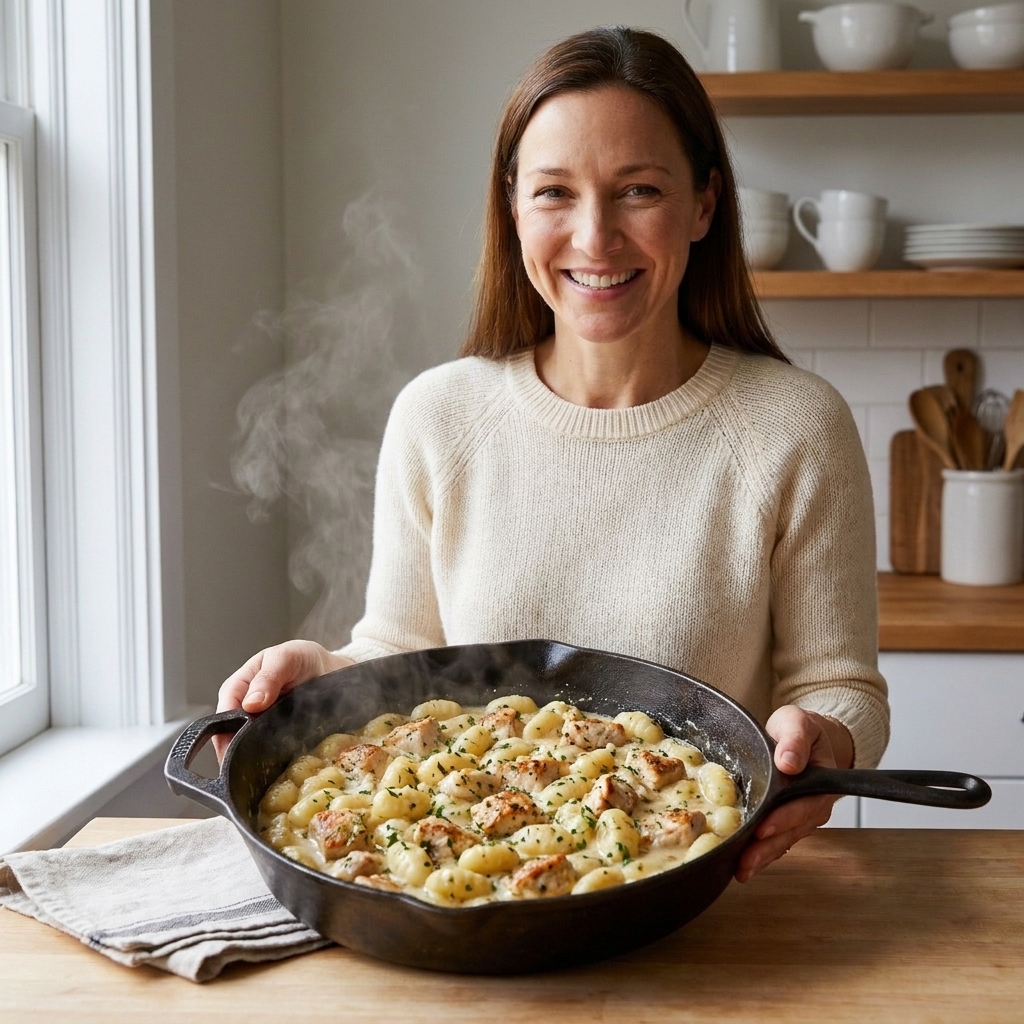 A skillet of creamy chicken gnocchi with a light garlic cream sauce clinging to the gnocchi