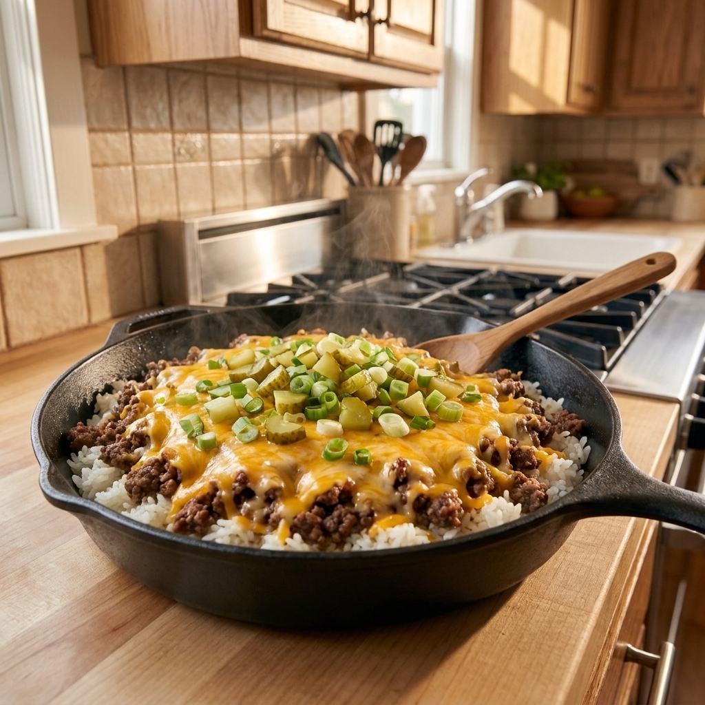 A skillet of ground beef and rice with melted cheddar on top, garnished with chopped pickles and green onions