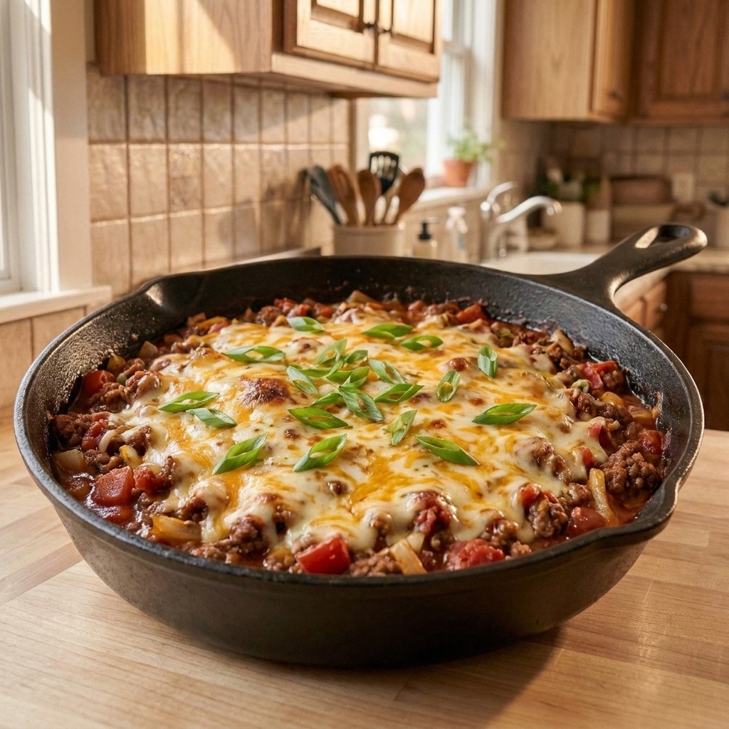 A skillet of ground beef enchilada mixture topped with melted cheese and scattered sliced green onions
