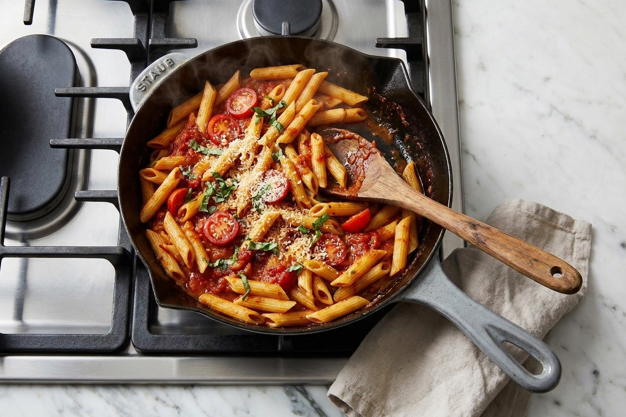 A skillet of pasta being reheated with marinara sauce on a stovetop, with a wooden spoon stirring