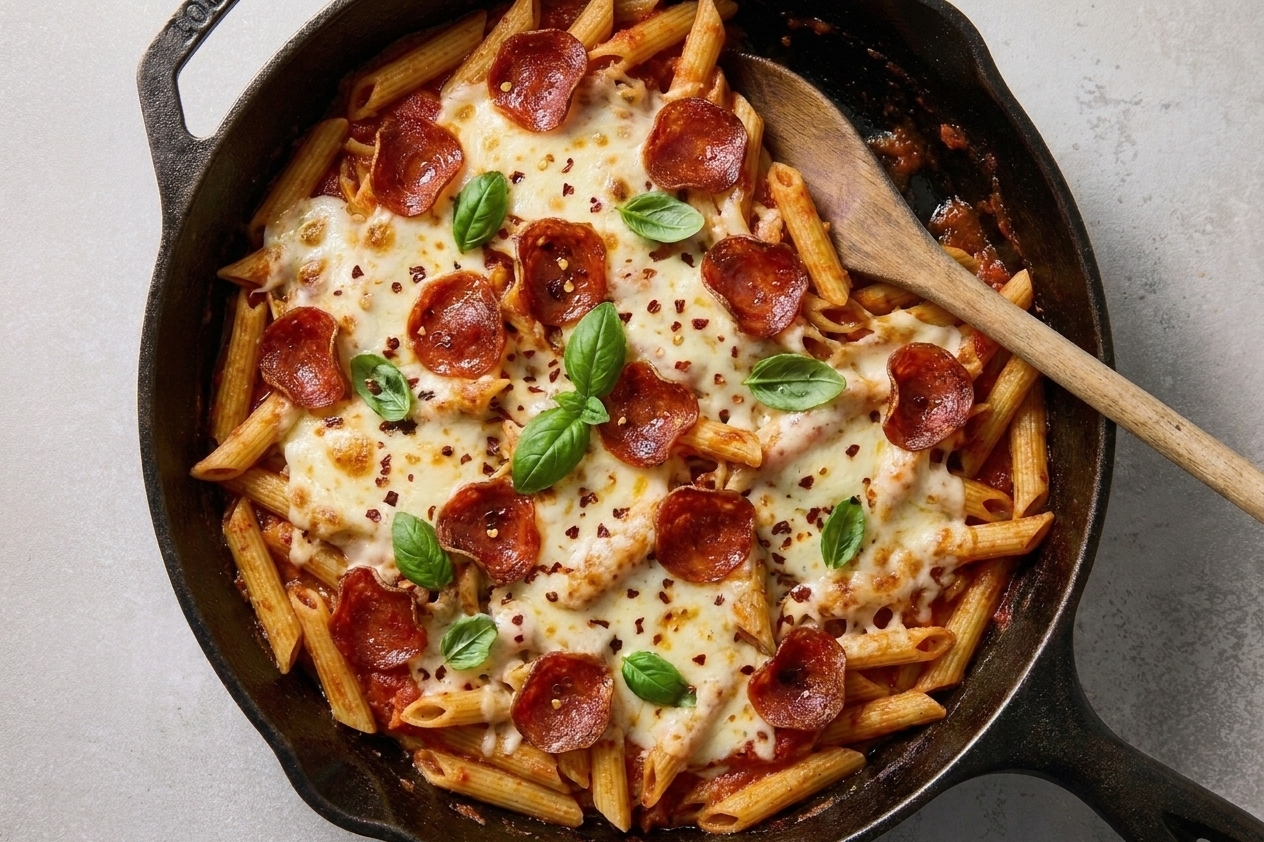 A skillet of pasta in marinara topped with melted mozzarella and pepperoni slices