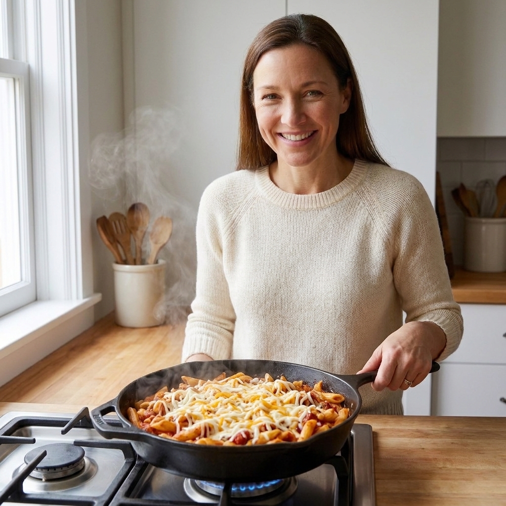 A skillet of pasta on a stovetop with shredded cheese melting over the top