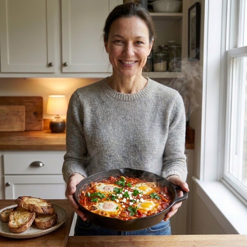 A skillet of shakshuka with eggs cooked in a spiced tomato sauce, served with bread for dipping