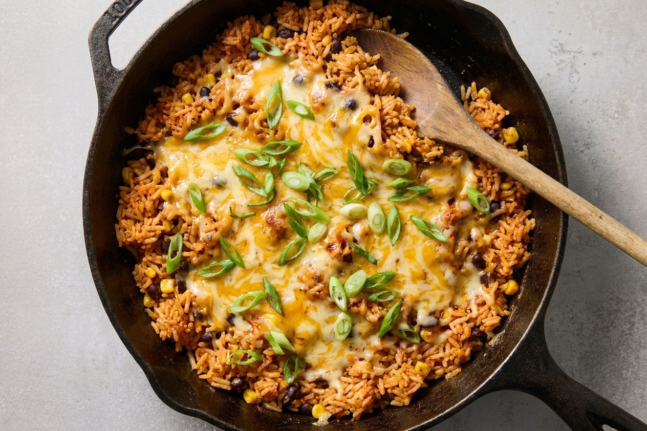 A skillet of taco-seasoned rice topped with melted cheese and sliced green onions