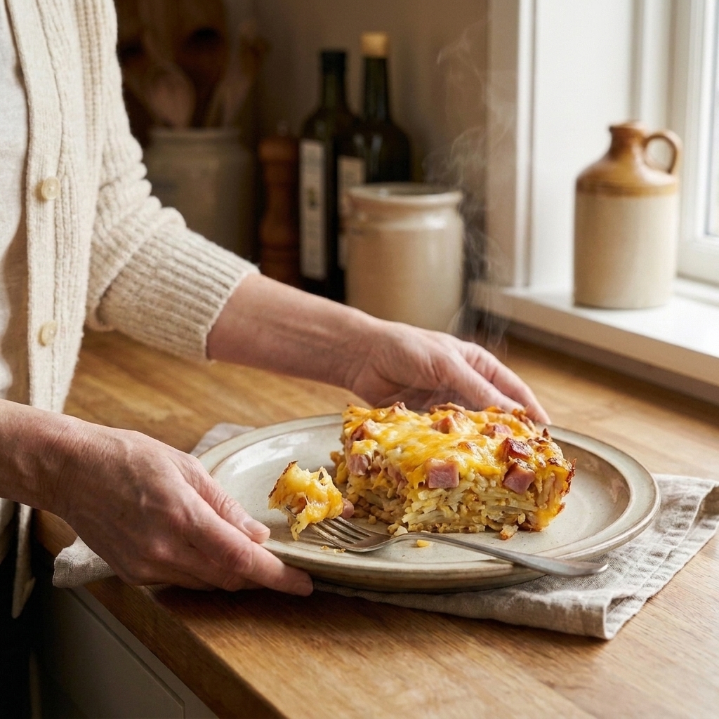 A slice of breakfast casserole with hash browns, ham, and cheese on a plate with a fork