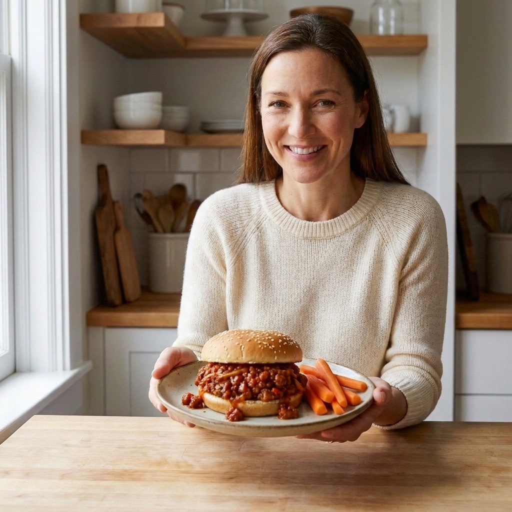 A sloppy joe sandwich with saucy ground beef on a soft bun, served with simple carrot sticks