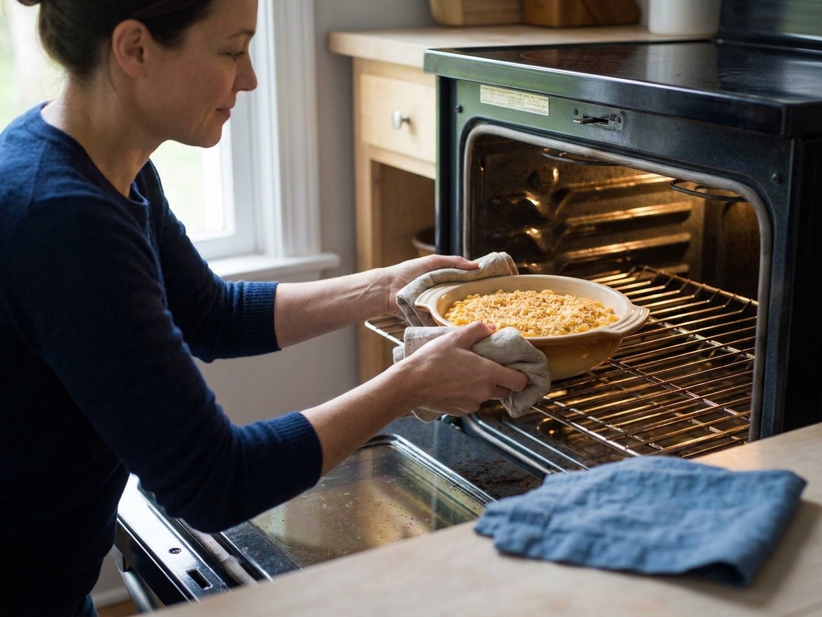 A small baking dish of leftover mac and cheese being placed into an oven for reheating