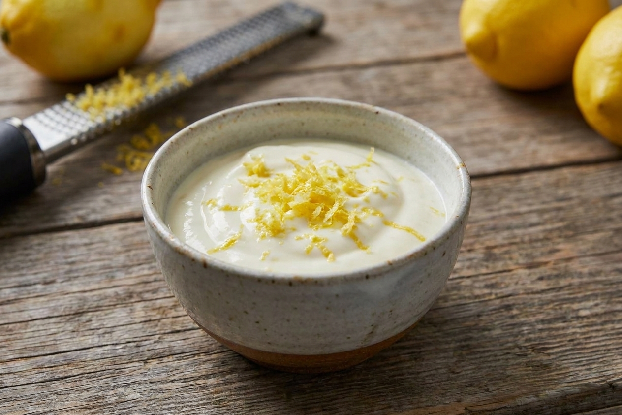 A small bowl of lemon-yogurt dip with visible lemon zest on top on a wooden counter