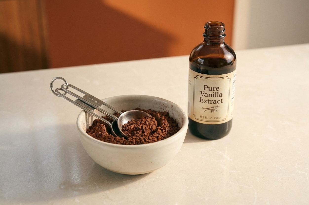 A small bowl with cocoa powder and measuring spoons next to a bottle of vanilla extract on a baking counter