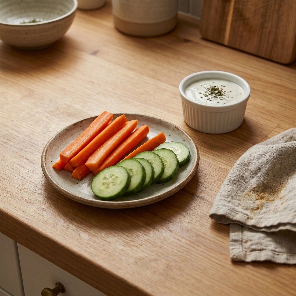 A small plate of raw carrot sticks and cucumber slices next to a ramekin of ranch dip on a family dinner table