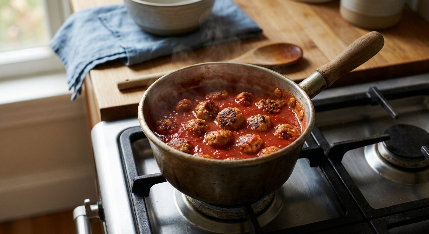 A small pot of marinara sauce on the stove with chicken meatballs warming inside