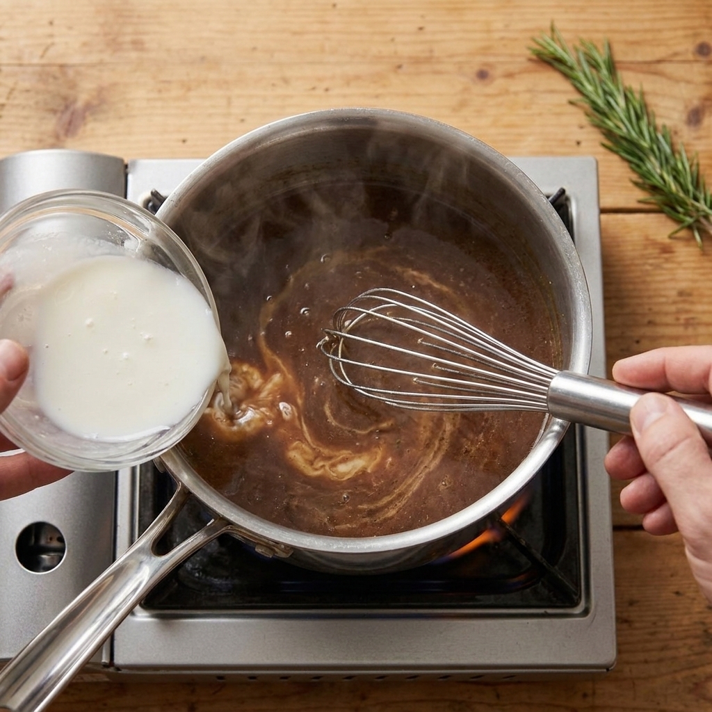 A small saucepan of pot roast juices on the stove as a cornstarch slurry is whisked in to thicken into gravy