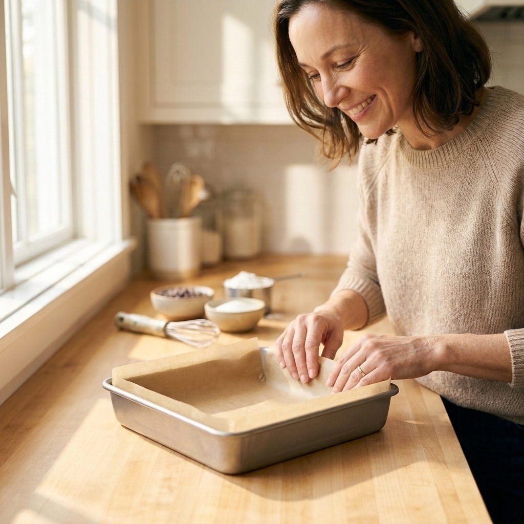 A square baking pan lined neatly with parchment paper on a home kitchen counter