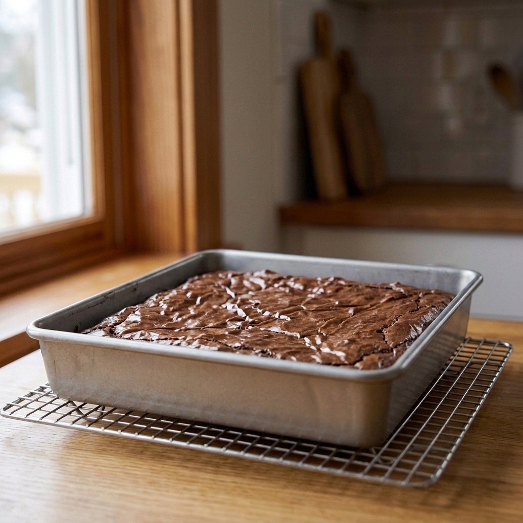 A square pan of fudgy brownies with a shiny crackly top cooling on a wire rack