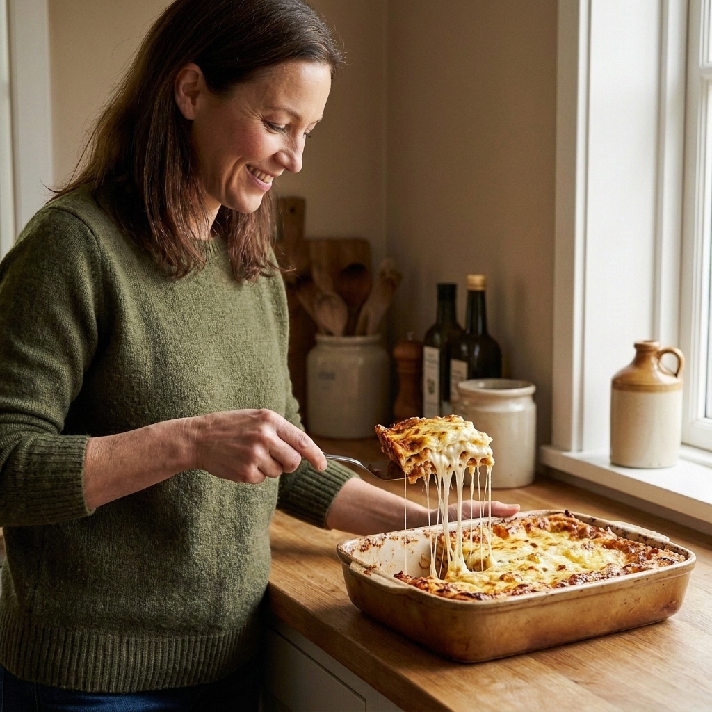 A square slice of lasagna being lifted from a baking dish with melted cheese stretching