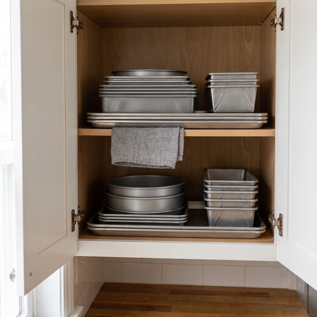 A stack of baking pans and sheet pans stored neatly in a kitchen cabinet with a towel between pieces