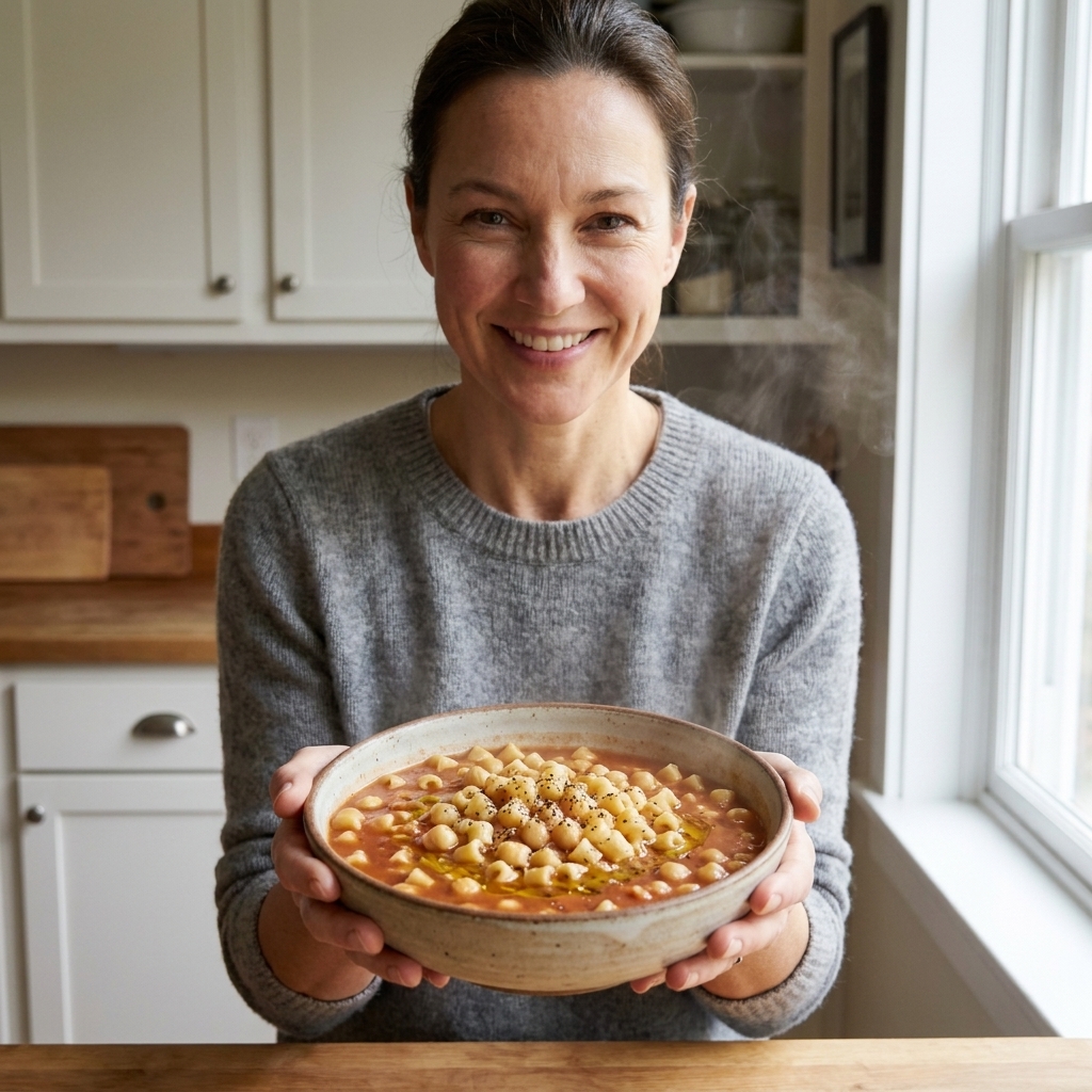 A steaming bowl of pasta e ceci with chickpeas and small pasta in a tomato broth, topped with olive oil and black pepper