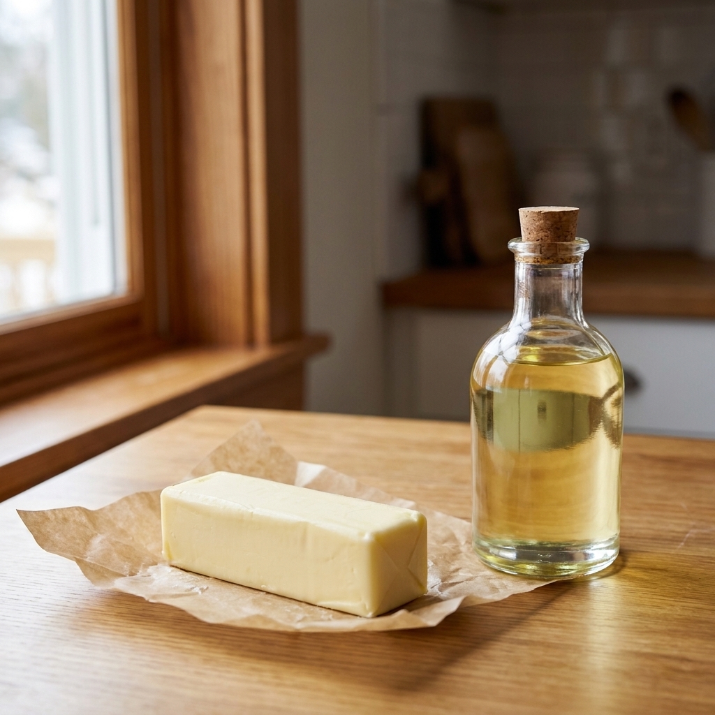 A stick of unsalted butter on parchment next to a small glass bottle of pale yellow canola oil on a kitchen counter