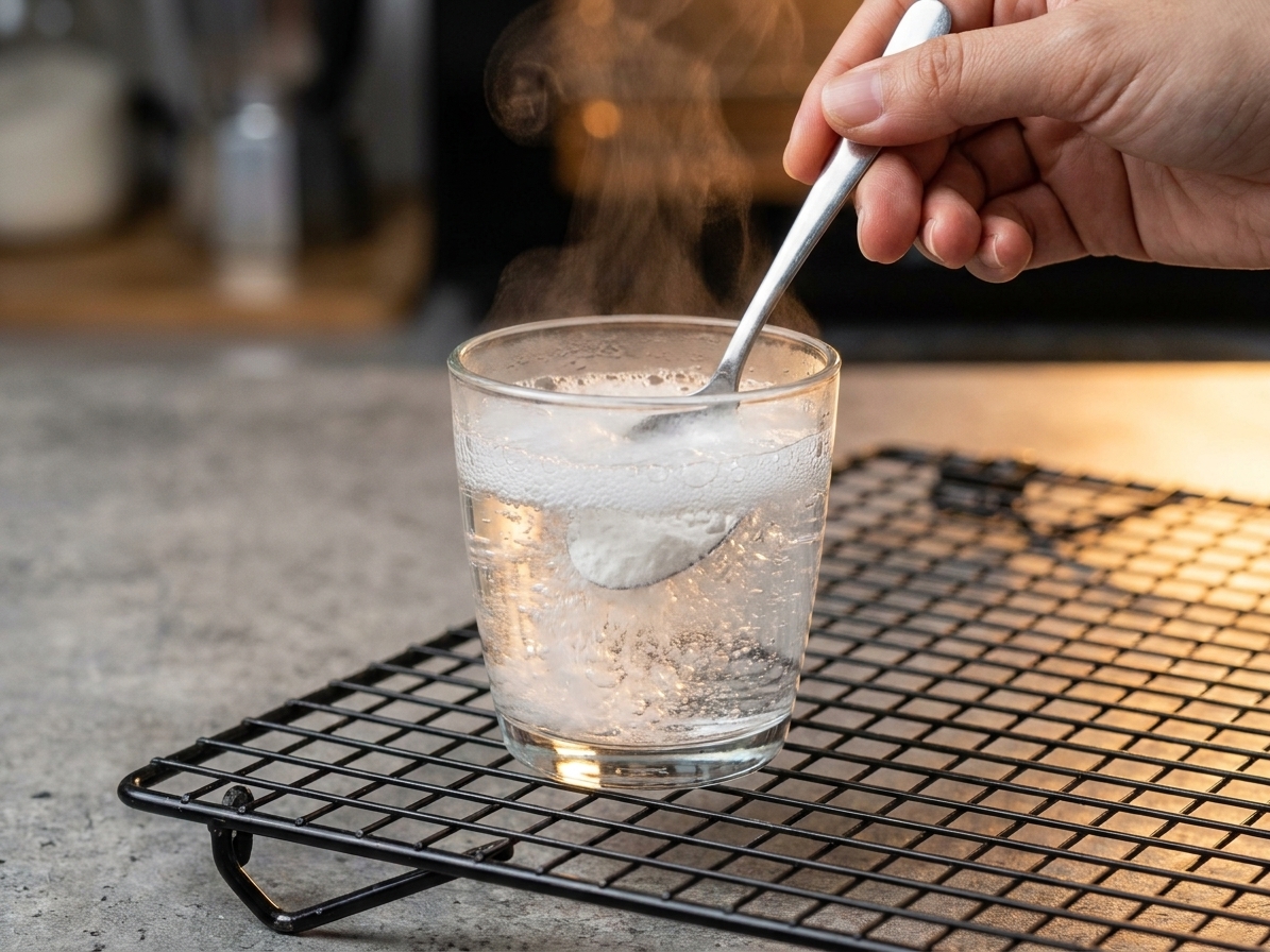 A teaspoon of baking powder being stirred into a small glass of hot water with visible bubbles