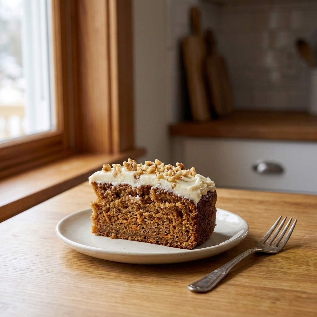 A thick slice of moist carrot cake on a small plate with a fork beside it on a wooden table