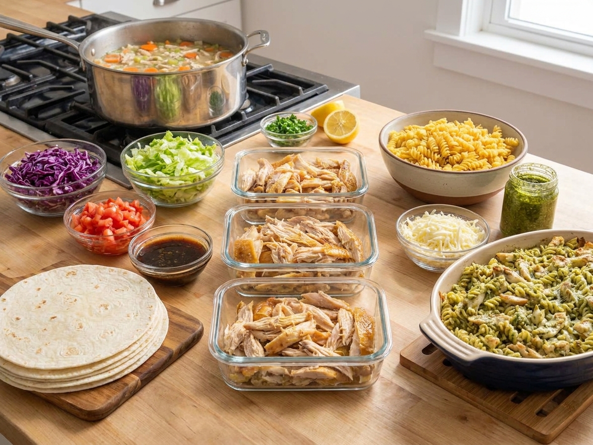 A tidy kitchen counter with containers of shredded chicken, chopped vegetables, tortillas, and pasta ingredients laid out for three different dinners