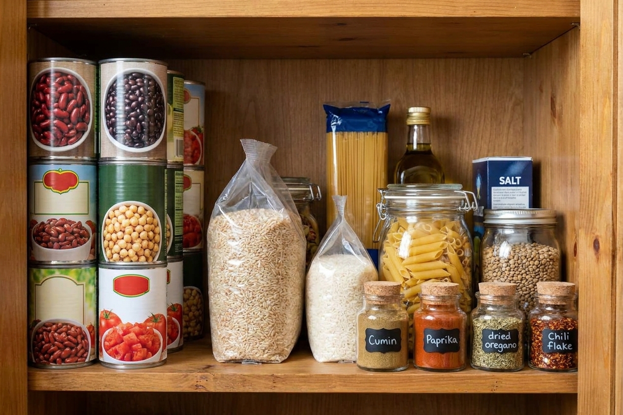 A tidy pantry shelf with budget-friendly staples like canned beans, canned tomatoes, rice, pasta, and spices in jars