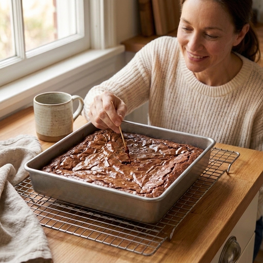 A toothpick being inserted into a pan of brownies to check for moist crumbs