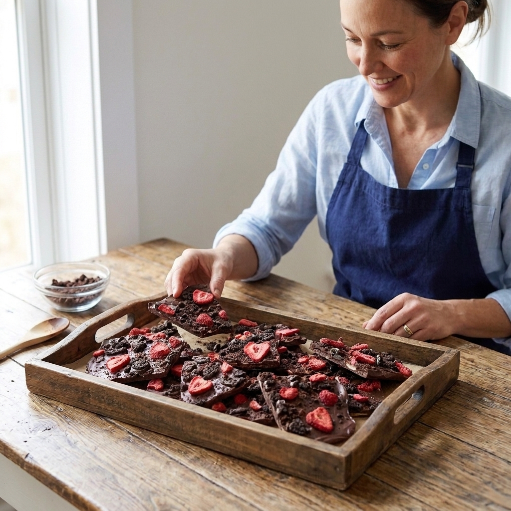 A tray of chocolate bark topped with crushed cookies and freeze-dried strawberries, broken into pieces