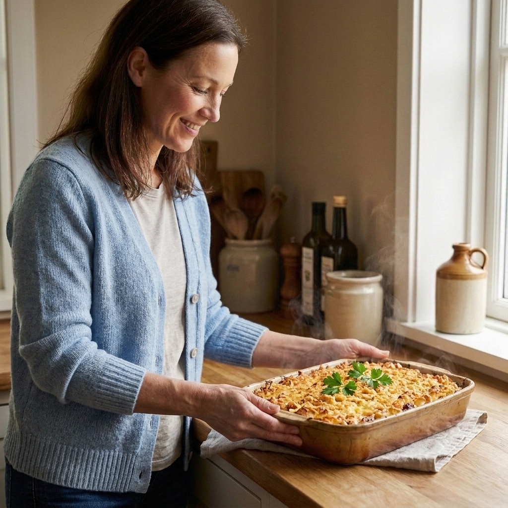 A tuna noodle casserole with a golden cracker topping in a rectangular baking dish