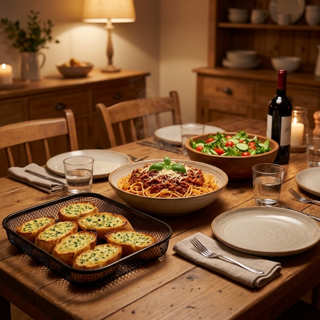 A warm basket of sliced garlic bread on a family dinner table next to pasta and salad under cozy evening lighting